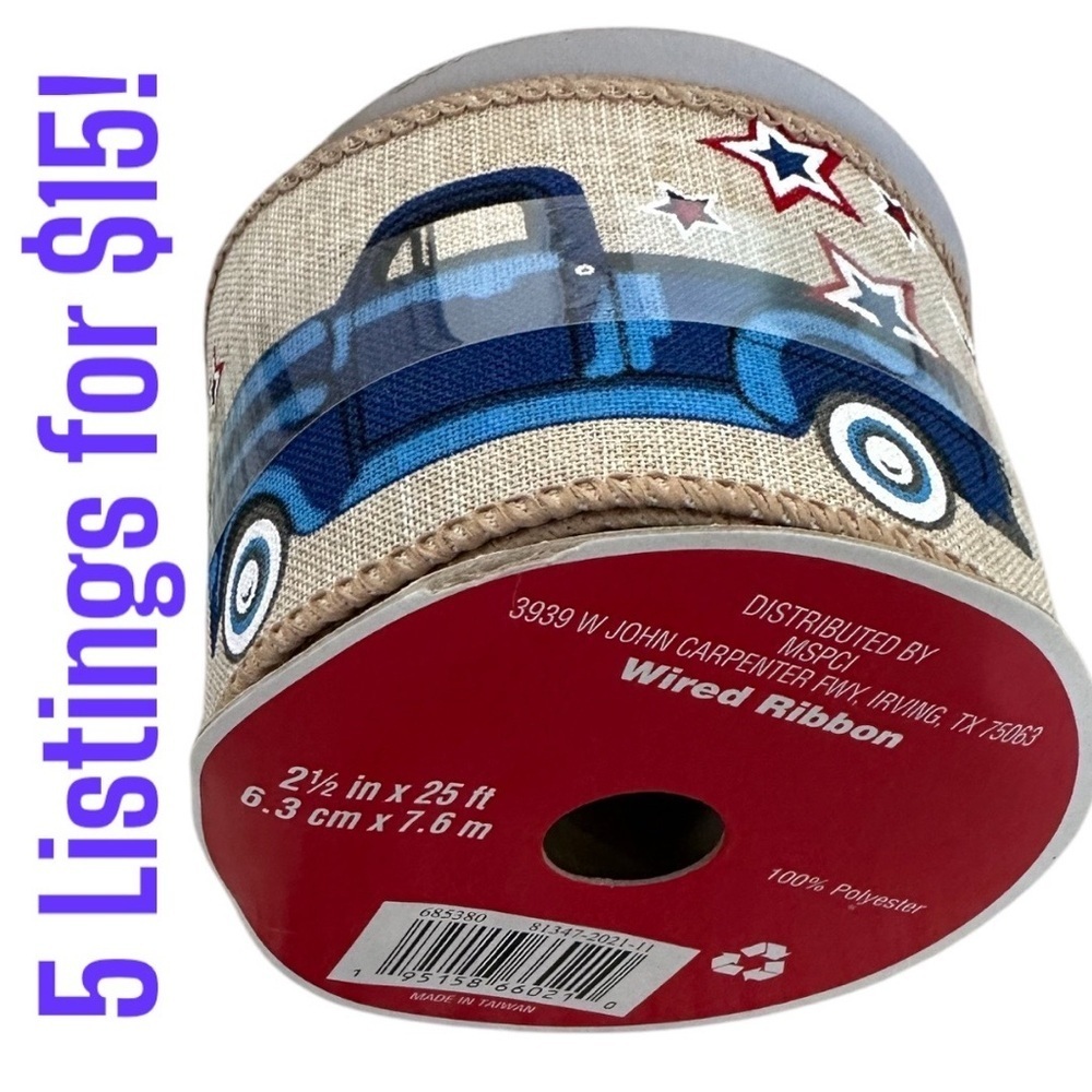 New Celebrate it Red White Blue Rustic Truck Patriotic Wired Ribbon